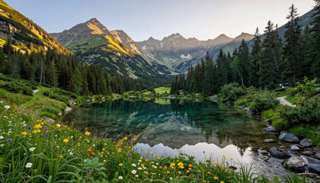 A stunning landscape of Tatra National Park, showcasing the majestic peaks of the Tatra Mountains in the background, with dense forests and vibrant wildflowers in the foreground. The middle ground features a serene, crystal-clear lake reflecting the rugged mountains, and a gentle stream winding through the lush greenery. Soft morning light bathes the scene in a warm glow, enhancing the rich colors of the surrounding nature. The atmosphere is peaceful and tranquil, inviting a sense of wonder and respect for nature's beauty. Capture the essence of conservation, with hints of hiking trails and nature reserves visible, emphasizing the protection efforts on both sides of the Polish-Slovak border. Aim for a wide-angle perspective to encompass the grandeur of the landscape.