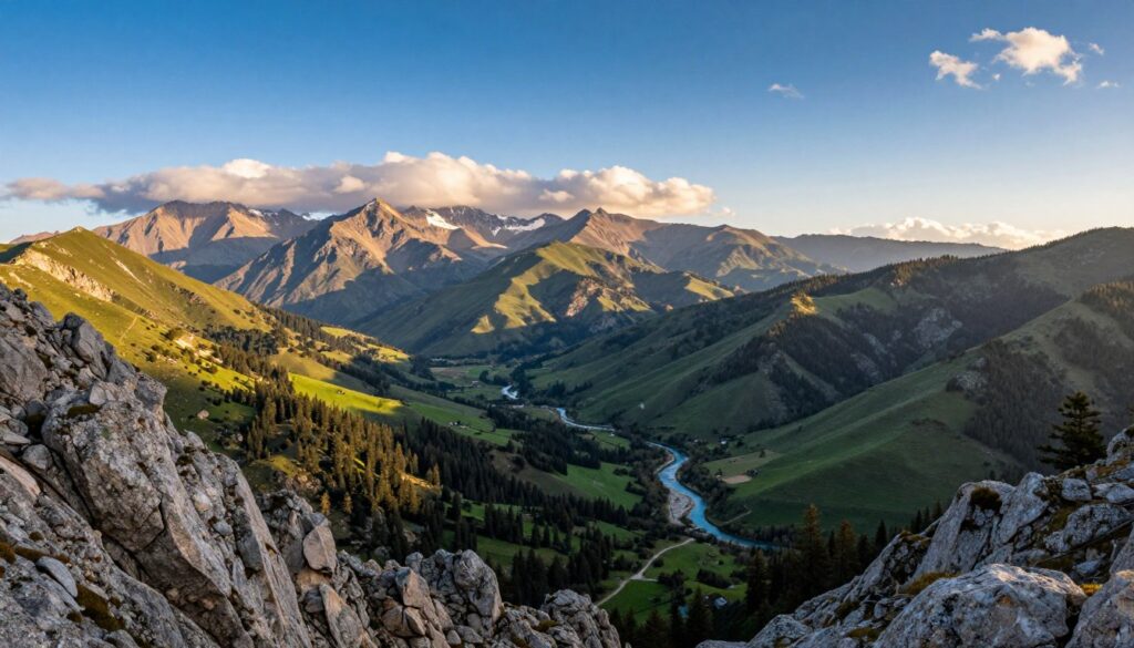 A stunning panoramic view of the Iberian Peninsula's mountainous landscape, featuring the rugged peaks of the Sierra Nevada in the foreground, with lush green valleys shimmering in the early morning sun. In the middle ground, rolling hills and pine forests extend towards the horizon, punctuated by a crystal-clear river winding through the landscape. The background showcases distant, snow-capped mountains under a vibrant blue sky with fluffy white clouds, glowing from the golden light of dawn. The scene exudes a tranquil yet majestic atmosphere, highlighting the natural beauty of geography in this region, captured with a wide-angle lens to encompass the vastness of the terrain. The lighting is soft and warm, enhancing the rich colors of the mountains and valleys.