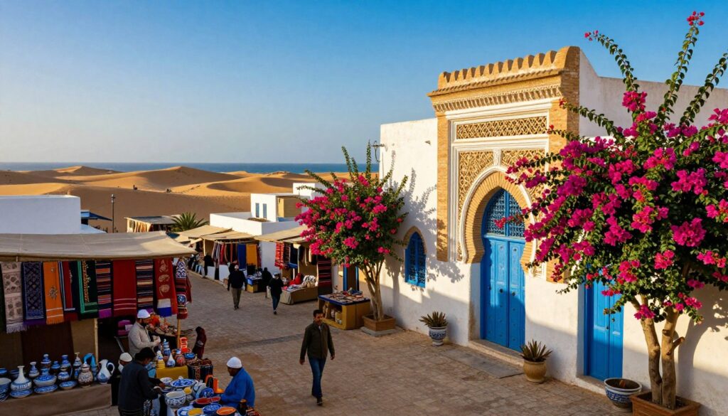 A stunning view of Djerba Island, showcasing historical and cultural attractions. In the foreground, a traditional Tunisian building with ornate architecture, featuring whitewashed walls and blue doors, surrounded by vibrant bougainvillea flowers. The middle ground highlights a local market scene, with vendors selling handmade ceramics and colorful textiles, capturing the lively atmosphere. In the background, distant sand dunes and the shimmering Mediterranean Sea under a bright blue sky. The lighting is warm and inviting, suggesting late afternoon sun, enhancing the textures of the buildings. The overall mood evokes a sense of exploration and cultural richness, ideal for highlighting Djerba’s most interesting attractions.