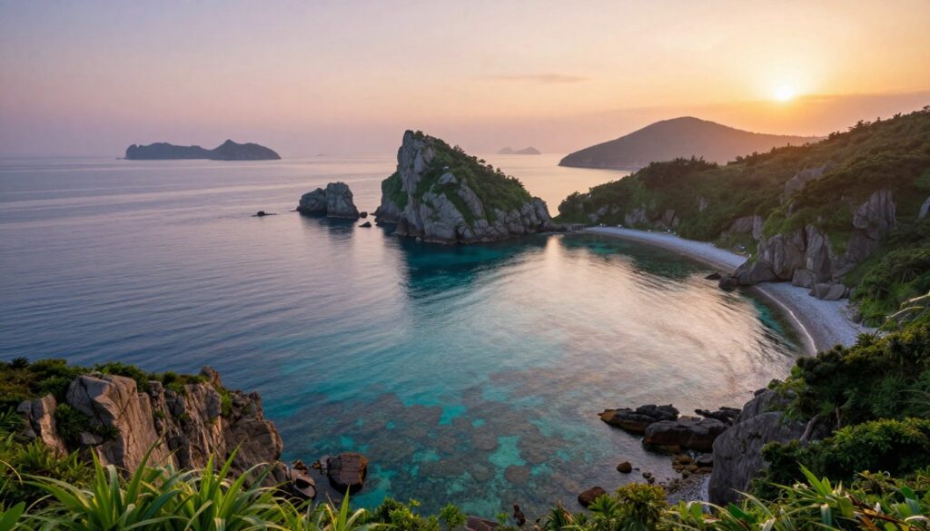 A stunning view of Japan's coastline, showcasing dramatic cliffs rising majestically above a serene, crystalline sea. In the foreground, vibrant green vegetation clings to the rocky outcrops, while small, colorful ryukyu reefs are visible beneath the clear water, casting intricate shadows. The middle ground features a tranquil lagoon, reflecting the soft hues of a pastel sunset that bathes the scene in warm golden tones. In the background, distant islands stretch across the horizon, shrouded in light mist, enhancing the depth of the landscape. The atmosphere is peaceful and slightly mysterious, evoking a sense of wonder about the natural beauty and diversity of Japan's marine geography. Captured with a wide-angle lens to emphasize the expansive view, the light is soft and diffused, creating a harmonious, inviting scene.