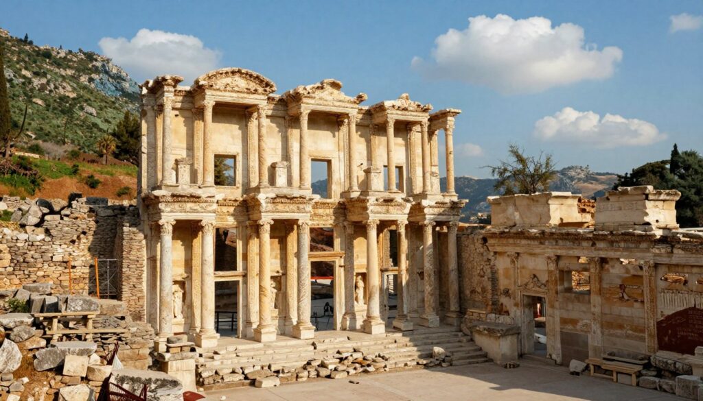 A stunning view of the ancient ruins of Ephesus, showcasing the magnificent Library of Celsus in the foreground, intricately detailed with its tall, weathered columns and ornate facade. In the middle ground, the vast remnants of the Temple of Artemis emerge, surrounded by lush greenery and scattered stones. The background reveals rolling hills under a bright blue sky, with fluffy clouds drifting gently. The scene is bathed in warm golden sunlight, casting soft shadows that enhance the textures of the ancient stone. The atmosphere is serene and historical, inviting contemplation of the city's rich past. The perspective is slightly elevated, giving a panoramic view of this iconic archaeological site. The image emphasizes the grandeur and magnificence of Ephesus, perfect for an informative exhibit on its historical significance.