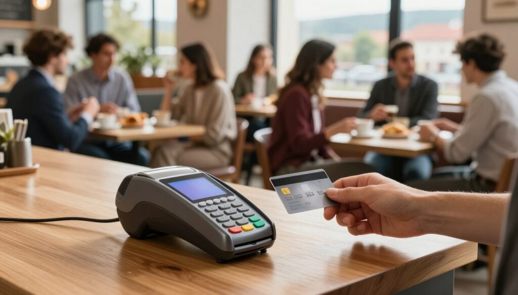 A stylish and modern point-of-sale terminal equipped with a card reader, prominently placed on a polished wooden counter in a bustling café. In the foreground, a hand reaches out, holding a sleek credit card, reflecting a sense of convenience and modern payment methods. The middle of the scene captures a diverse group of customers seated at tables, enjoying coffee and pastries, dressed in smart casual attire, engaging in conversations. Soft natural lighting streams in through large windows, casting warm tones throughout the setting, creating an inviting and vibrant atmosphere. In the background, subtle hints of Hungary’s landscape can be seen through the windows, suggesting the local culture. The overall mood is lively, with a focus on the ease of card payments in everyday life.