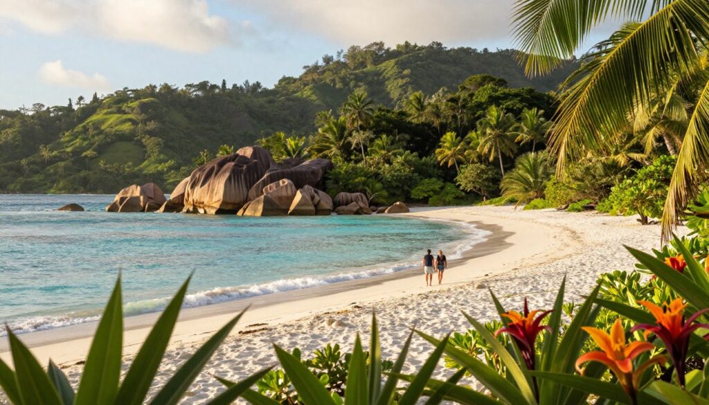 A tropical paradise scene showcasing the lush beauty of the Seychelles islands, specifically Mahé, Praslin, and La Digue. In the foreground, vividly colored tropical flowers and palm fronds gently sway. The middle ground features a stunning beach with soft white sand and turquoise waters, dotted with granite boulders. A couple of modestly dressed tourists stroll along the shoreline, basking in the warm sun. In the background, soaring green hills and dense tropical forests rise majestically, hinting at the islands' diverse nature. The scene is bathed in soft, golden light of the late afternoon sun, casting gentle shadows and creating a serene, inviting atmosphere. The image is captured with a wide-angle lens to emphasize the expansive beauty of the landscape.