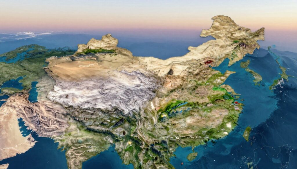 A vast, high-resolution map of China displayed prominently as the foreground, showcasing its vast surface area and geographical features like mountains, rivers, and urban areas. The middle ground features an outline of China’s dimensions, highlighted in shades that represent its diverse ecosystems, from deserts to lush forests. In the background, a subtle gradient sky transitions from dawn to daylight, symbolizing the magnitude of the country. The map should be viewed from an aerial perspective with dynamic lighting enhancing the details and textures of the land. The atmosphere conveys a sense of scale and importance, reflecting China’s significant role in the world. No human subjects or text elements included.