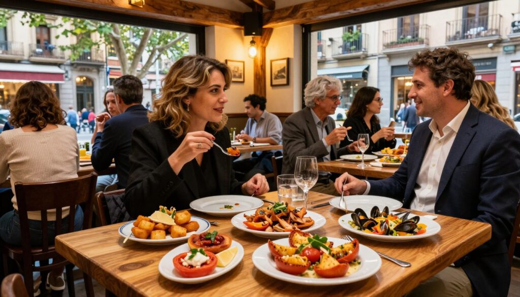 A vibrant Spanish restaurant scene in Barcelona, showcasing a beautifully set table filled with traditional tapas, succulent seafood dishes, and colorful Catalan cuisine. In the foreground, a wooden table adorned with plates of patatas bravas, gambas al ajillo, and pan con tomate. In the middle, elegantly dressed patrons enjoying their meals, wearing smart casual attire, engaged in lively conversation. The background captures the warm ambiance of the restaurant, with rustic wooden beams and ambient warm lighting creating an inviting atmosphere. Large windows reveal glimpses of a bustling Barcelona street outside, filled with trees and historic architecture, adding depth to the scene. The mood is lively and festive, reflecting the rich gastronomic culture of the city, shot from a slightly elevated angle to enhance the perspective.