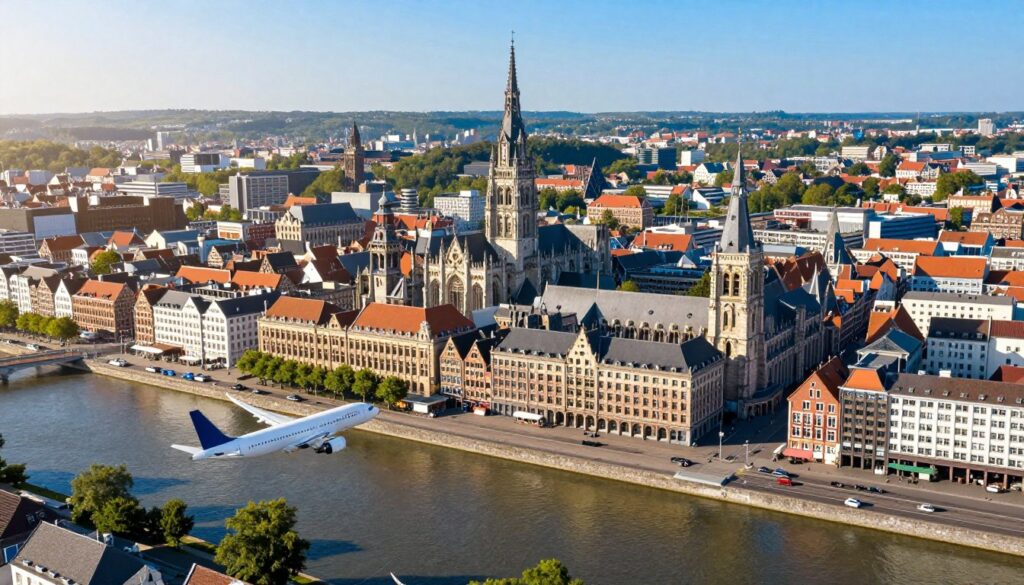 A vibrant aerial view of Antwerp, Belgium, showcasing its iconic skyline with historic architecture and the shimmering Scheldt River. In the foreground, highlight a modern airplane flying towards the city, emphasizing the journey from Poland to Antwerp. The middle ground should depict the cityscape with notable landmarks like the Cathedral of Our Lady and the Antwerp Central Station, under a clear blue sky. The background features distant green hills merging into the city. Soft, natural sunlight fills the scene, casting gentle shadows and creating a warm, inviting atmosphere. Capture the sense of travel and adventure, illustrating the connection between Poland and Antwerp.
