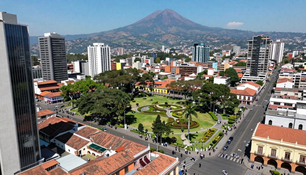 A vibrant aerial view of Guatemala City, showcasing its unique architecture and urban landscape. In the foreground, include modern skyscrapers juxtaposed with colonial-style buildings, featuring terracotta roofs and colorful facades. The middle ground should depict lush green parks and lively streets, filled with pedestrians dressed in professional attire, demonstrating the city's dynamic atmosphere. In the background, highlight the volcanic mountains that surround the city, under a clear blue sky. Soft, natural lighting casts gentle shadows, enhancing the depth of the scene. The angle is slightly elevated, offering a panoramic view that captures the essence of the capital city nestled in Central America. The mood is lively and vibrant, reflecting the cultural richness of this bustling metropolis.
