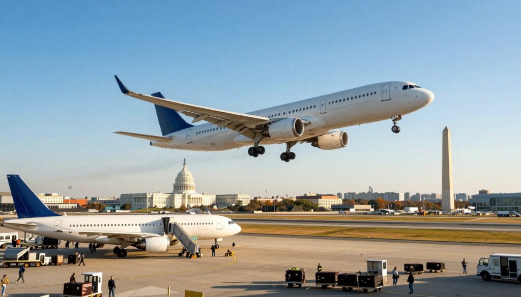 A vibrant airport scene depicting a modern airplane, symbolizing a direct flight from Warsaw to Washington, D.C. In the foreground, show a sleek, contemporary aircraft soaring through a bright blue sky, trailing white vapor as it ascends. In the middle ground, include an airport runway bustling with activity—ground crew preparing planes, travelers efficiently boarding, and luggage being loaded onto carts. In the background, suggest the iconic Washington, D.C. skyline, featuring recognizable landmarks like the Capitol Building and the Washington Monument, under a warm, golden sunlight that casts soft shadows. The atmosphere should evoke a sense of excitement and anticipation, capturing the essence of travel and swift connections. No text, logos, or human figures present; focus solely on the aircraft and airport environment.