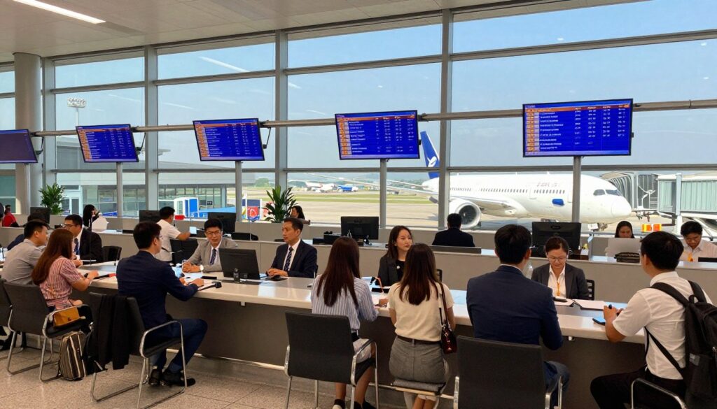 A vibrant airport terminal scene illustrating international layovers and connecting flights to Thailand. In the foreground, a diverse group of travelers waits patiently at a modern check-in desk, dressed in professional business attire and modest casual clothing. The middle ground showcases large departure screens displaying flight information, while sleek boarding gates lead to various airplanes, including a Dreamliner. In the background, massive windows reveal a busy tarmac with planes taking off and landing under clear blue skies. Warm, natural lighting adds a welcoming atmosphere, creating a sense of anticipation and excitement for the long journey ahead. The overall mood is energetic and dynamic, capturing the essence of global travel.