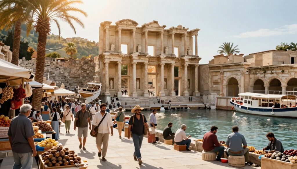 A vibrant ancient port city scene depicting Ephesus, with its iconic structures like the Library of Celsus and theater in the background. The foreground features bustling merchants and travelers in modest casual attire, showcasing a lively market atmosphere. Sunlight casts warm golden rays, reflecting off the Mediterranean waters, creating a serene but dynamic ambiance. The middle ground shows ships docked at the port, with fishermen sorting their catch. A soft breeze gently rustles the palm trees lining the waterfront. The scene is framed from a low angle, emphasizing the grandeur of the ancient architecture while capturing the essence of a thriving port city. The overall mood conveys historical significance and vitality, inviting viewers to explore the rich maritime heritage of Ephesus.