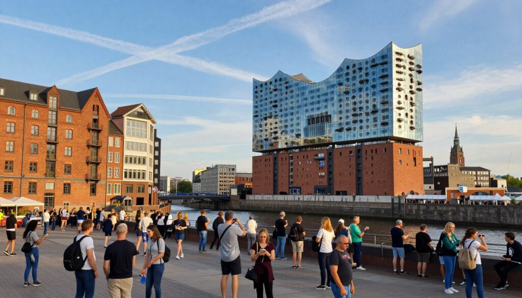 A vibrant and detailed scene showcasing the top tourist attractions in Hamburg, Germany. In the foreground, a picturesque view of the iconic Elbphilharmonie concert hall with its modern architecture and glass facade reflecting the sunlight. To the left, the historic Speicherstadt district with its red brick warehouses and charming canals. In the middle, a lively gathering of tourists in modest casual clothing, exploring the area, capturing photos, and enjoying local street food. The background features a clear blue sky with wispy clouds, and hints of the Hamburg skyline, including the St. Michael's Church steeple. The atmosphere is energetic and inviting, conveying the excitement of discovery. Use warm, natural lighting to enhance the inviting mood and depth. Shot from a slightly elevated angle for a panoramic effect.