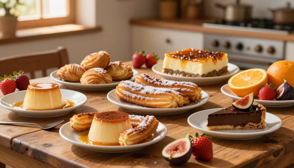 A vibrant and enticing display of traditional Spanish desserts beautifully arranged on a rustic wooden table. In the foreground, showcase an array of colorful desserts, such as flan, churros dusted with cinnamon sugar, and a slice of rich chocolate tarta. Include fresh seasonal fruits like strawberries, oranges, and figs for added color and texture. In the middle ground, feature delicate pastries like pastelitos and three layers of crema catalana topped with caramelized sugar. The background should softly blur with a warm, inviting kitchen setting, dimly lit by golden afternoon sunlight filtering through a window. The overall atmosphere should evoke a sense of indulgence and celebration, inviting viewers to savor the sweetness of Spanish cuisine. The composition should have a slight top-down angle for an artistic perspective.