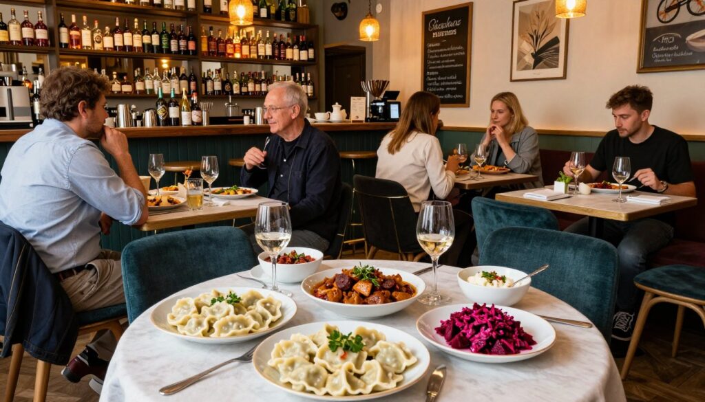 A vibrant and inviting interior of a trendy Warsaw restaurant, showcasing a mix of vintage and modern decor. In the foreground, a beautifully arranged table filled with traditional Polish dishes like pierogi, bigos, and vibrant beetroot salad, all artistically presented. In the middle, a few patrons, dressed in modest casual clothing, are enjoying their meals and engaging in lively conversation, capturing the essence of culinary experiences. The background features a bar with an array of local spirits and a chalkboard displaying daily specials, illuminated by warm, soft lighting that enhances the cozy atmosphere. Shot from a slightly elevated angle to provide a comprehensive view of the lively setting, evoking a sense of comfort and connection to local flavors.