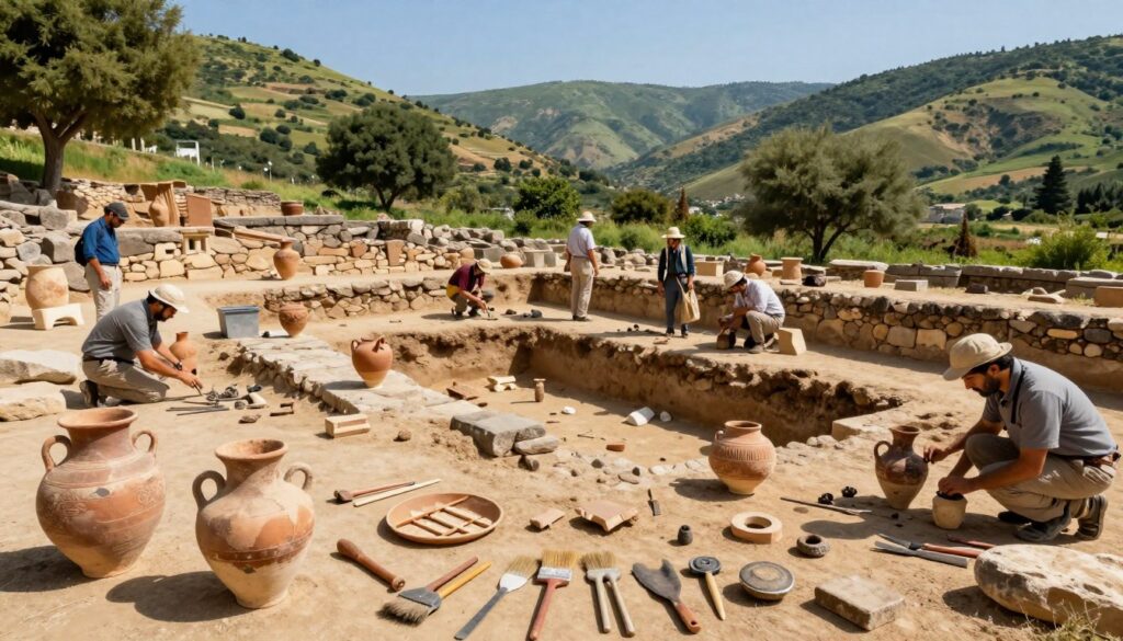 A vibrant archaeological dig site in a lush, sunlit valley, showcasing a team of dedicated archaeologists in professional attire examining ancient artifacts. In the foreground, detailed elements such as broken pottery, ancient tools, and partially unearthed structures are visible, with brushes and tools scattered around. The middle ground reveals a partially excavated stone wall and an open trench revealing layers of earth and history. The background features rolling hills adorned with greenery and a clear blue sky, creating a warm, inviting atmosphere. The lighting is bright, casting soft shadows that enhance the textures of the artifacts and soil, creating a sense of exploration and discovery, reminiscent of the significant findings related to the ancient city of Troy.