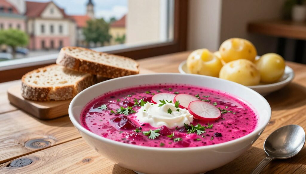 A vibrant bowl of chłodnik litewski, the traditional Lithuanian cold beetroot soup, beautifully presented on a rustic wooden table. In the foreground, a striking pink-red soup garnished with fresh herbs, thin slices of radish, and a dollop of sour cream. The middle ground features rustic Lithuanian bread and a side of boiled potatoes, adding warmth to the scene. In the background, soft focus images of a sunlit café in Vilnius with classic architecture and greenery, evoking a cozy atmosphere. The image is lit with natural sunlight streaming through a window, creating soft shadows and highlighting the textures of the dish. Capture the inviting essence of Lithuanian cuisine with a warm, appetizing feel.