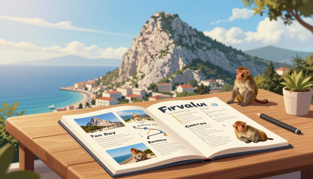 A vibrant, detailed illustration depicting a one-day travel plan for visiting Gibraltar. In the foreground, a well-organized travel itinerary is displayed on a stylish wooden table, featuring photographs of key attractions like the Rock of Gibraltar, St. Michael's Cave, and the famous Barbary macaques. The middle ground includes a scenic vista of the Gibraltar coastline, bathed in warm sunlight with azure skies and wispy clouds. In the background, the silhouetted outline of the impressive Rock stands majestically against the horizon. The atmosphere is lively and inviting, with soft, natural lighting enhancing the colors. Use a shallow depth of field to focus on the itinerary while gently blurring the breathtaking landscape behind it. The scene should convey a sense of adventure and discovery, appealing to travelers looking to explore this unique territory.