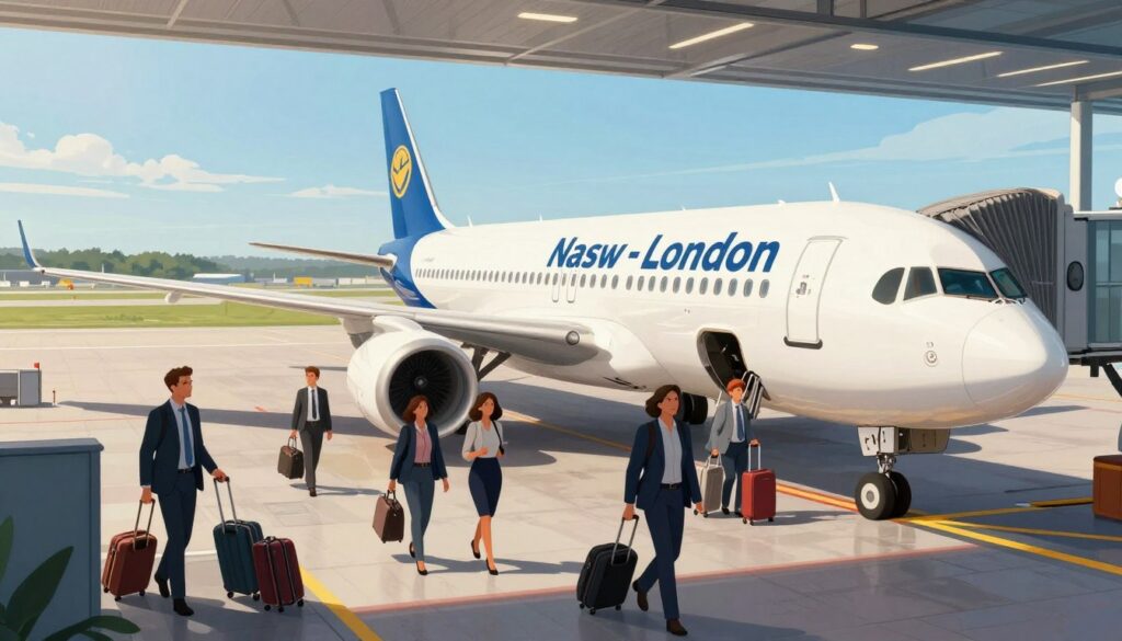 A vibrant illustration depicting an airline scene for the Warsaw to London flight route. In the foreground, a sleek, modern aircraft with a distinct airline livery is parked at a bustling airport gate. Middle ground features passengers in professional attire, including men and women with carry-on luggage as they prepare to board, showcasing a mix of excitement and anticipation. The background captures the airport terminal with large windows overlooking the runway and a clear blue sky, with sunlight streaming through to create a bright and airy atmosphere. Use a wide-angle shot to emphasize the scale of the scene. The mood should convey the hustle and bustle of air travel, focusing on comfort and efficiency.