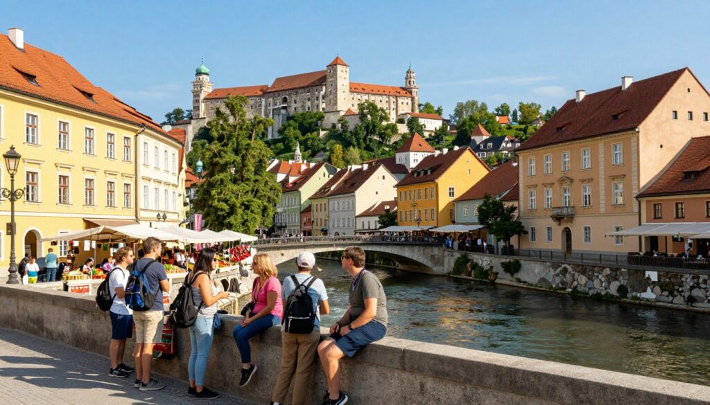 A vibrant, picturesque scene of Ljubljana’s city center, showcasing the iconic Ljubljanica River lined with beautifully colored buildings. In the foreground, a group of modestly dressed tourists, engaging in conversation and admiring the architecture, with the famous Triple Bridge (Tromostovje) in view. In the middle background, the lively atmosphere of a market with local vendors displaying fresh produce and handmade crafts. The majestic Ljubljana Castle perched on the hill in the background, framed by a clear blue sky and soft, inviting sunlight that casts gentle shadows. Capture an inviting, warm atmosphere that reflects the charm of the city, with a focus on the essence of budget-friendly tourism experiences in vibrant Ljubljana.