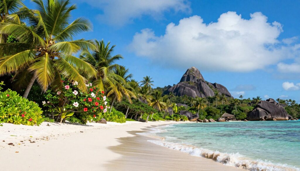 A vibrant, picturesque scene showcasing the climate of the Seychelles throughout the year. In the foreground, include a serene beach with soft white sands, gently lapping waves, and lush palm trees swaying in a light breeze. The middle ground depicts a variety of tropical flora, such as vibrant hibiscus and orchids, illustrating the rich biodiversity. In the background, the setting features the majestic outlines of Seychelles' granite islands under a clear blue sky, with soft, fluffy clouds hinting at different weather conditions. The lighting is bright and sunny, suggesting warmth and a tropical atmosphere, capturing the essence of a year-round tropical paradise. The overall mood is inviting, relaxing, and idyllic, perfect for illustrating the climate of the Seychelles.