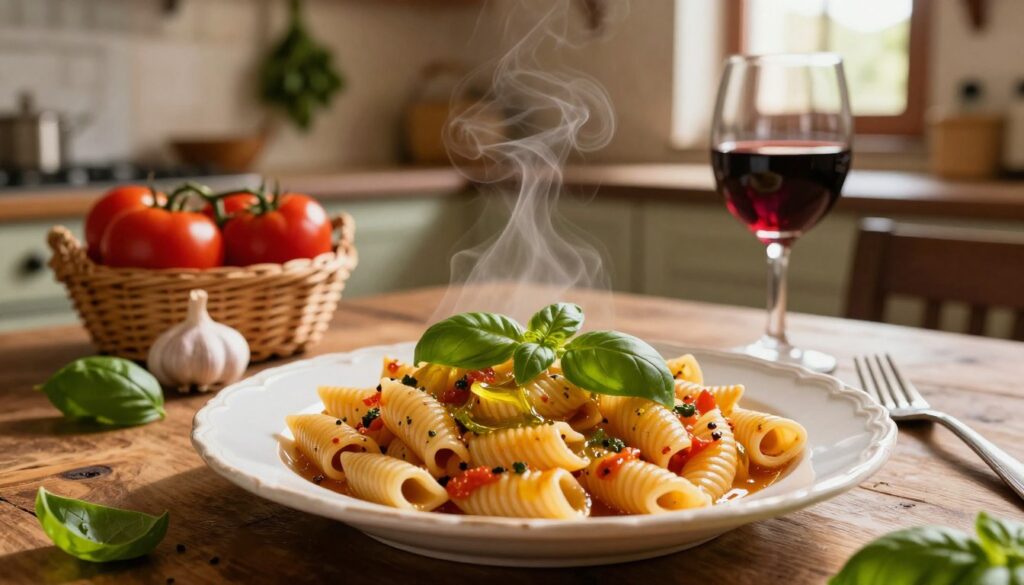 A vibrant plate of traditional Neapolitan macaroni in a rustic setting, beautifully presented with fresh, vibrant basil leaves and a drizzle of extra virgin olive oil. The foreground showcases the pasta in rich, warm colors, with steam wafting off to suggest warmth. In the middle, a soft focus on a charming wooden table adorned with a small basket of ripe tomatoes, garlic cloves, and a glass of red wine, emphasizing a cozy Italian dining atmosphere. The background features a quick glimpse of an old Italian kitchen with hanging herbs, soft, golden lighting filtering through a window, casting gentle shadows. The mood conveys warmth, tradition, and a sense of authenticity, inviting the viewer to experience a taste of Naples.