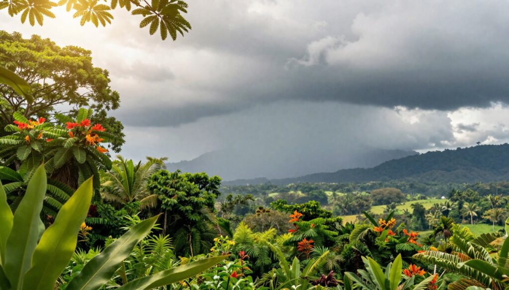 A vibrant representation of the climate in Costa Rica, showing a split scene to illustrate the dry and rainy seasons. In the foreground, lush green foliage thrives under a bright, sunny sky, with vibrant tropical flowers signaling the dry season. Transitioning into the middle ground, dark, rain-laden clouds gather above a lush landscape, showcasing the onset of the rainy season with dramatic rainfall. In the background, distant mountains fade into a misty haze, emphasizing the diverse ecosystem. Use soft, natural lighting to enhance the colors and textures of the vegetation, with a slight lens blur on the background to create depth. The mood should be one of dynamic contrasts, reflecting the rich biodiversity and unique climatic variations of Costa Rica.