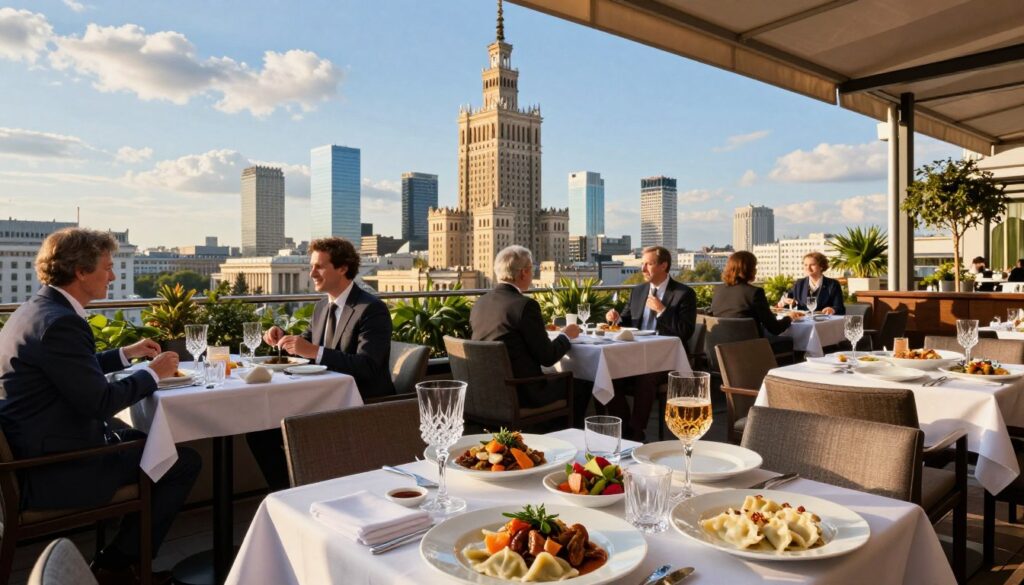 A vibrant restaurant with a stunning city view of Warsaw, situated on a terrace overlooking the skyline. In the foreground, elegantly set tables with fine dining plates showcasing local Polish dishes such as pierogi, bigos, and fresh seafood, accompanied by drinks in crystal glasses. The middle ground reveals diners in professional business attire enjoying their meals and conversing amiably, surrounded by greenery and tasteful decor. The background features a panoramic view of Warsaw's iconic architecture, including the Palace of Culture and Science, under a bright blue sky with soft, fluffy clouds. The scene is bathed in warm, golden afternoon sunlight, creating an inviting and sophisticated atmosphere. The image captures the essence of dining with a view in the heart of the city.