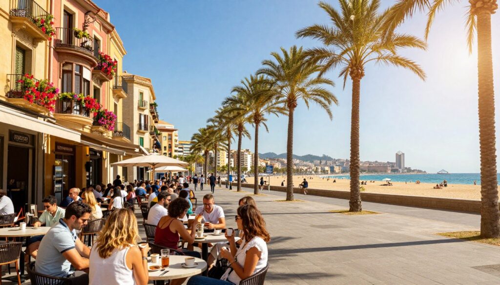 A vibrant scene depicting the climate of Barcelona, featuring a sunny Mediterranean day with clear blue skies and a gentle breeze. In the foreground, a bustling street outside a local café with people enjoying coffee, dressed in light summer clothing. In the middle, iconic Barcelona architecture, such as colorful Gaudí buildings, vibrant flowers in window boxes, and a few palm trees swaying gently. In the background, the stunning coastline with soft sandy beaches and the sparkling blue sea. The lighting is warm and inviting, capturing the essence of a pleasant day in the city. The overall mood is cheerful and lively, reflecting a perfect day to explore Barcelona's climate.