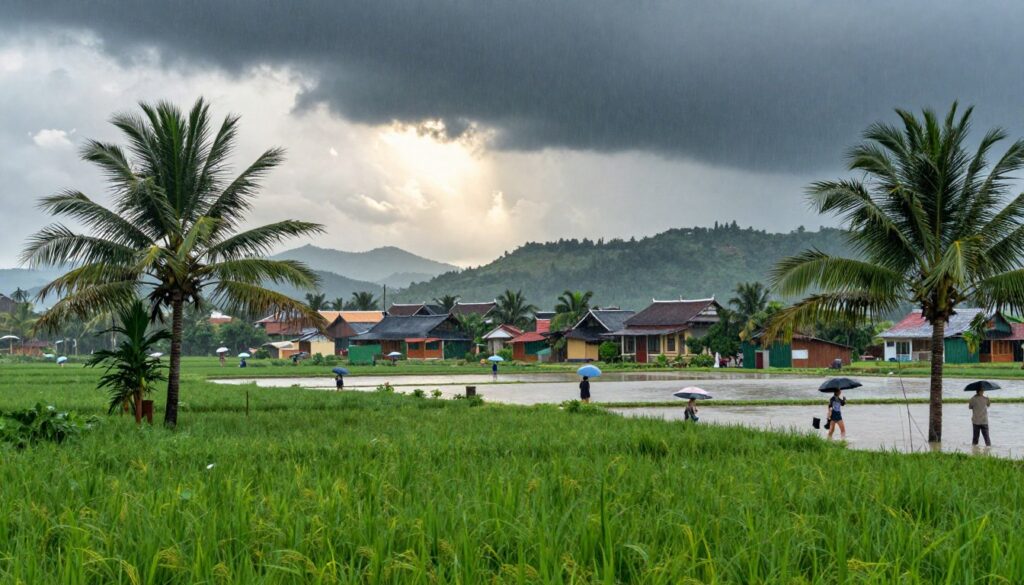 A vibrant scene depicting the diverse weather patterns of Vietnam during the rainy season. In the foreground, an active rural landscape with lush green rice paddies, showcasing heavy rain and gusty winds that sway palm trees. In the middle ground, a small village nestled among hills with traditional Vietnamese houses, slightly submerged fields from flooding, and people in modest casual clothing navigating through water with umbrellas. The background features dark, ominous clouds hinting at an approaching typhoon, contrasted by intermittent sunlight breaking through, casting dramatic lighting across the landscape. The overall mood is atmospheric and dynamic, illustrating both the beauty and the challenges of Vietnam's climate, evoking a sense of nature's power and resilience.