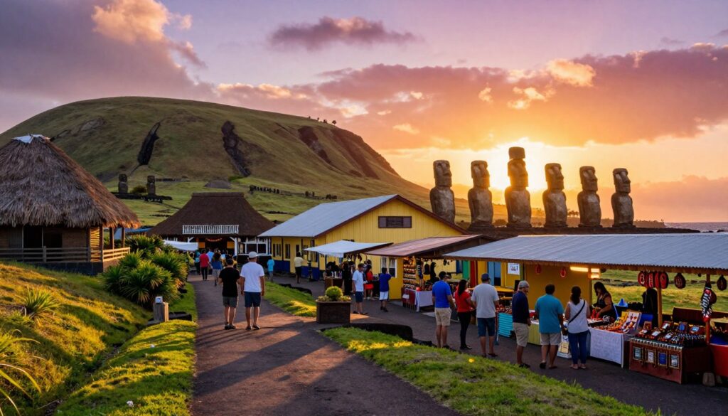 A vibrant scene of Hanga Roa, the capital of Easter Island, captured in warm, golden sunlight during the early evening. In the foreground, a quaint coastal path lined with lush greenery leads towards the colorful buildings of the town, showcasing traditional Polynesian architecture with thatched roofs. The middle ground features a bustling marketplace with friendly locals in modest casual clothing, engaging in conversation and selling handcrafted goods. In the background, gently rolling hills and the iconic moai statues are silhouetted against a stunning sunset, casting long shadows and reflecting shades of orange, pink, and purple in the sky. The image conveys a sense of warmth and community, highlighting Hanga Roa as a lively hub of culture and history.