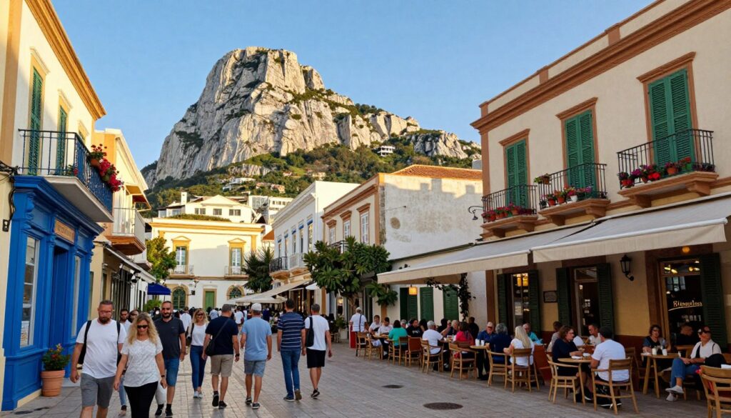 A vibrant scene of Main Street in Gibraltar, bustling with activity and characterized by its unique Mediterranean architecture. In the foreground, a diverse group of people, dressed in modest casual clothing, browse local shops adorned with colorful facades and flower pots. The middle ground features charming cafes with outdoor seating, inviting patrons to enjoy the sunny atmosphere. In the background, the iconic Rock of Gibraltar rises majestically, its limestone cliffs illuminated by the soft, warm glow of late afternoon sunlight. The sky is clear and blue, enhancing the lively mood of the street. The angle is slightly elevated, capturing a panoramic view that emphasizes the picturesque charm and cultural essence of this special location.