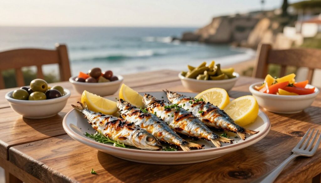 A vibrant scene showcasing freshly grilled sardines on a rustic wooden table, garnished with fresh herbs and slices of lemon. In the foreground, focus on a plate of golden-brown sardines, artfully arranged and glistening from the grill. Surrounding the plate, add small bowls of traditional Portuguese sides, like olives and colorful pickled vegetables. In the middle ground, depict a charming outdoor setting by the ocean, with hints of distant waves and sunlit cliffs. Capture the warm glow of a late afternoon sun, casting soft shadows that enhance the textures of the wood and the fish. The atmosphere should evoke a sense of relaxation and celebration, inviting viewers to indulge in the delightful flavors of Portuguese cuisine. A vibrant scene showcasing freshly grilled sardines on a rustic wooden table, garnished with fresh herbs and slices of lemon. In the foreground, focus on a plate of golden-brown sardines, artfully arranged and glistening from the grill. Surrounding the plate, add small bowls of traditional Portuguese sides, like olives and colorful pickled vegetables. In the middle ground, depict a charming outdoor setting by the ocean, with hints of distant waves and sunlit cliffs. Capture the warm glow of a late afternoon sun, casting soft shadows that enhance the textures of the wood and the fish. The atmosphere should evoke a sense of relaxation and celebration, inviting viewers to indulge in the delightful flavors of Portuguese cuisine.