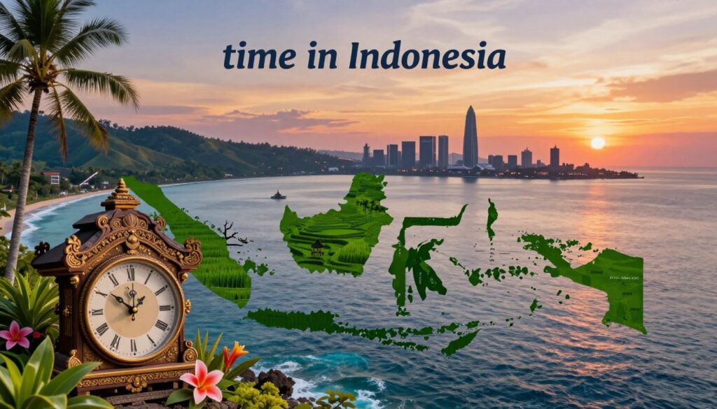 A vibrant scene showcasing the concept of "time in Indonesia," with a stylized map of Indonesia highlighting its diverse time zones. In the foreground, a traditional Balinese clock with ornate details, blending seamlessly with elements of nature, like palm trees and tropical flowers. In the middle ground, a silhouette of various islands and landmarks, such as Bali’s lush rice terraces and Jakarta's skyline, under a colorful sunset sky that reflects the warmth of the Indonesian culture. The background features soft, rolling hills and ocean waves merging into the horizon. The lighting is warm and inviting, evoking a sense of adventure and exploration, captured with a slightly aerial angle to emphasize the beautiful archipelago in the vast sea.