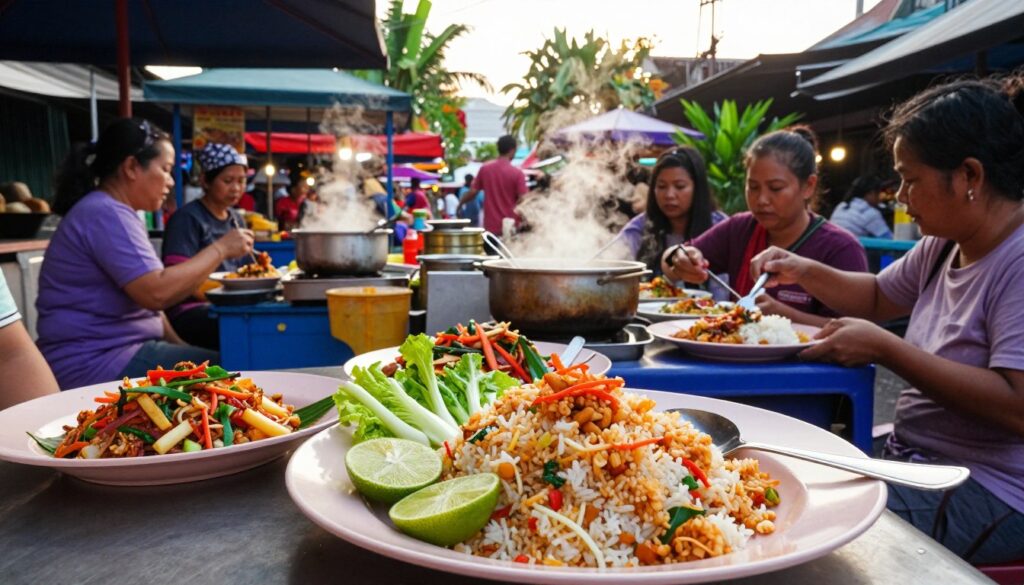 A vibrant street food scene in Thailand showcasing a variety of Thai rice dishes. In the foreground, a beautifully arranged plate of fried rice garnished with fresh vegetables and lime, with a fork poised beside it. The middle ground features a bustling outdoor market with colorful food stalls, steaming pots, and vendors in modest attire serving rice-based meals to eager customers. In the background, lush green tropical foliage adds depth to the scene under soft, warm lighting of a late afternoon sun. The atmosphere is lively and inviting, capturing the essence of Thai street food culture, with enticing aromas and flavors in the air, evoking a sense of exploration and enjoyment.