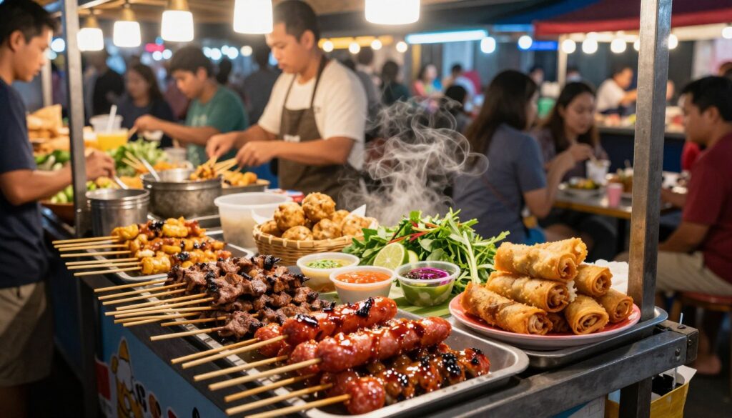 A vibrant street food scene in Thailand, showcasing an array of grilled and fried snacks that entice the senses. In the foreground, a wooden cart overflowing with skewers of perfectly grilled meat, spicy sausage, and crispy spring rolls, glistening with a savory glaze. A steaming basket of fried dumplings rests beside colorful dipping sauces, while fresh herbs and lime slices add a burst of color. In the middle ground, local vendors expertly prepare food, wearing modest casual clothing, surrounded by customers eagerly enjoying their meals. The background features a bustling night market, illuminated by warm string lights and glowing neon signs, creating a lively, inviting atmosphere. The image captures the essence of Thai street food culture, with a focus on rich textures and vibrant colors, evoking a sense of hunger and excitement.