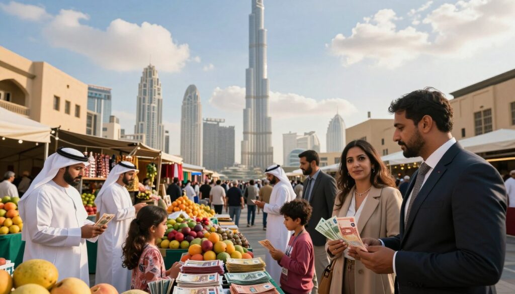 A vibrant street scene in Dubai showcasing a modern outdoor market. In the foreground, diverse shoppers, including a family and a business couple in professional attire, are engaging with vendors. They hold various currencies like euros and dollars, visually contrasting with the local UAE dirham. In the middle ground, colorful stalls display exotic fruits and traditional goods, with images of euro and dollar bills subtly embedded in the displays. The background features iconic Dubai architecture, such as the Burj Khalifa, under a bright blue sky filled with soft, fluffy clouds. The scene is illuminated by warm, golden sunlight, creating a welcoming and lively atmosphere that reflects the exchange of cultures and currencies. A vibrant street scene in Dubai showcasing a modern outdoor market. In the foreground, diverse shoppers, including a family and a business couple in professional attire, are engaging with vendors. They hold various currencies like euros and dollars, visually contrasting with the local UAE dirham. In the middle ground, colorful stalls display exotic fruits and traditional goods, with images of euro and dollar bills subtly embedded in the displays. The background features iconic Dubai architecture, such as the Burj Khalifa, under a bright blue sky filled with soft, fluffy clouds. The scene is illuminated by warm, golden sunlight, creating a welcoming and lively atmosphere that reflects the exchange of cultures and currencies.