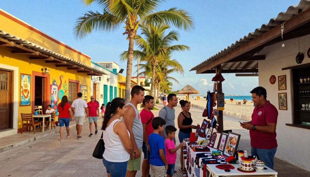 A vibrant street scene in Playa del Carmen, showcasing colorful buildings adorned with local art and bustling shops. In the foreground, a family is examining handcrafted souvenirs, dressed in modest casual clothing, smiling and interacting with a friendly local vendor. The middle ground features palm trees swaying gently in a tropical breeze, while a quaint cafe invites visitors to enjoy traditional Mexican cuisine. In the background, a clear blue sky stretches above the picturesque landscape, and tourists can be seen leisurely walking along the pedestrian promenade. The scene is illuminated by warm, golden sunlight, creating a lively and welcoming atmosphere perfect for vacationers looking to explore.