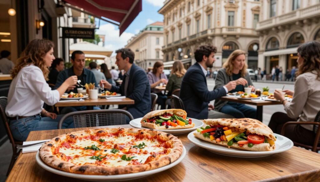 A vibrant street scene in the heart of Milan, showcasing a bustling outdoor café with a charming atmosphere. In the foreground, a wooden table adorned with a delicious array of Italian dishes: a freshly baked Margherita pizza with bubbling cheese, a pressed panini with vibrant ingredients, and a rustic piadina filled with colorful veggies. In the middle ground, patrons in smart casual clothing enjoy their meals and engage in lively conversations. The background features elegant Milanese architecture, framed by a clear blue sky. Soft, warm lighting enhances the inviting ambiance, while a slight blur adds depth and an inviting feel to the scene. The overall mood is lively and welcoming, encapsulating a delightful quick lunch experience in the city.