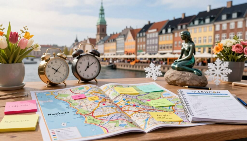A vibrant travel planning scene that showcases an organized desk with a detailed map of Copenhagen, Denmark, spread open in the foreground. On the desk, there are colorful sticky notes highlighting key attractions like the Little Mermaid and Nyhavn, along with a neatly arranged itinerary for a weekend trip. In the middle ground, a clock shows different times, symbolizing the passage of days, surrounded by seasonal decorations such as flowers for spring and snowflakes for winter. In the background, a soft-focus view of iconic Copenhagen architecture, including the Rundetaarn and royal palaces, under a bright, welcoming sky. The lighting is warm and inviting, enhancing the atmosphere of exploration and excitement.