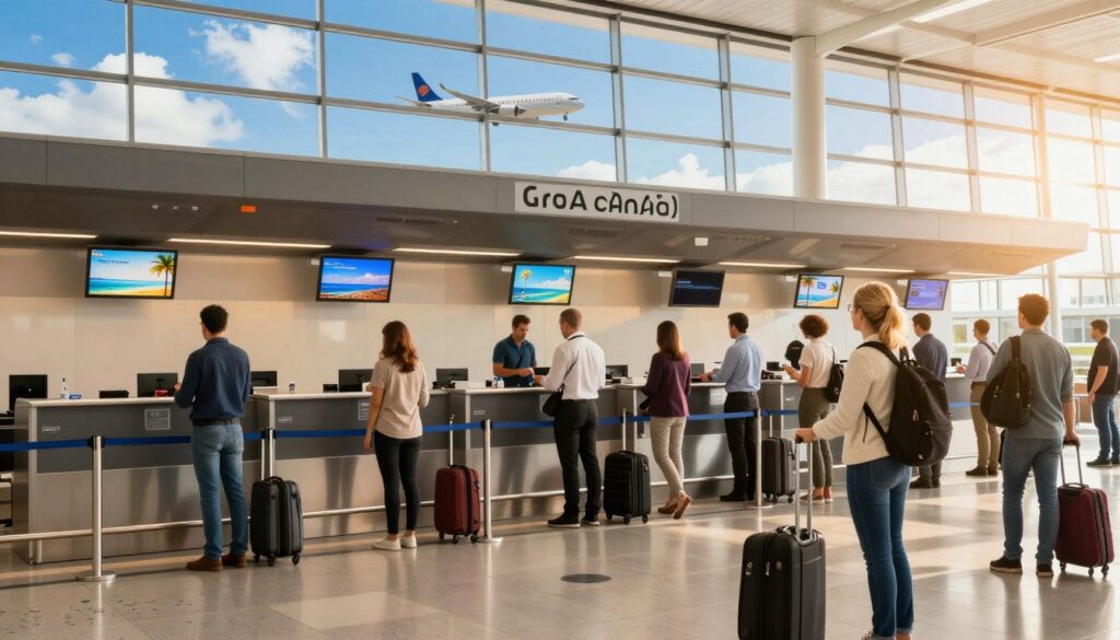 A vibrant travel scene depicting a busy airport terminal with travelers at the forefront, showcasing a diverse group of people in professional business attire and modest casual clothing, eagerly checking in for their direct flights to Gran Canaria and other Canary Islands. The middle ground features check-in counters adorned with travel posters of sunny beaches and palm trees. In the background, large windows reveal a bright blue sky with a few clouds and airplanes preparing for takeoff. The lighting is warm, reflecting a sunny day, and the perspective captures an inviting atmosphere of excitement and adventure. The image portrays a sense of efficiency and anticipation, perfect for illustrating direct flights from Poland to Gran Canaria.