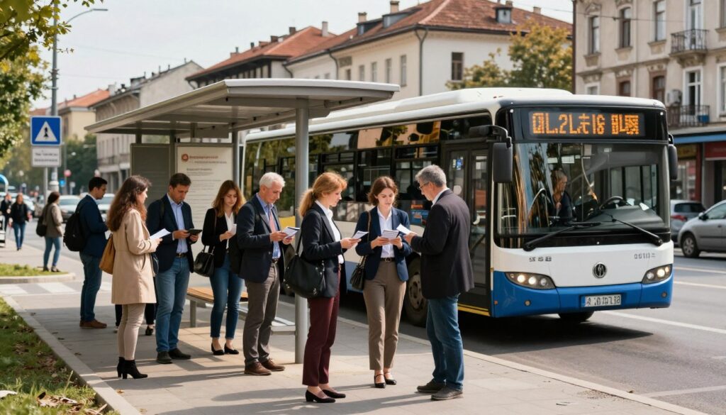 A vibrant urban scene depicting public transportation in Bulgaria, featuring a well-organized bus stop with passengers waiting. In the foreground, a diverse group of individuals dressed in professional attire and modest casual clothing is engaged in conversation while checking their schedules. The middle ground showcases a modern bus with a clear design and the number displayed prominently, parked at the stop with a backdrop of typical Bulgarian architecture. In the background, a bustling street can be seen, along with hints of road signs indicating border crossings. The lighting is warm, reflecting a sunny day, with a clear sky adding to the positive atmosphere. Capture the essence of safe and efficient transportation while all elements maintain a cohesive, inviting look.