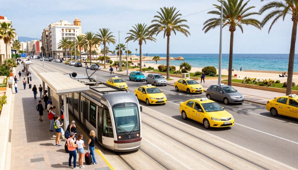 A vibrant urban scene in Alicante showcasing various modes of public transportation. In the foreground, a modern electric tram glides along its tracks, with passengers of diverse backgrounds waiting at a clean, well-lit station. In the middle ground, a line of colorful taxis are parked, with a few people loading luggage. The backdrop features stunning coastal architecture, palm trees, and the azure Mediterranean Sea under a bright, sunny sky. The scene captures the essence of a day in Alicante with soft, natural lighting that creates a welcoming atmosphere. The angle is slightly elevated, offering a panoramic view of the bustling city life and the efficient transport system, conveying a sense of ease and safety for travelers.