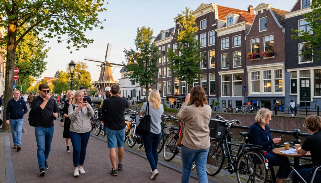 A vibrant urban scene showcasing a busy street in a major Dutch city, such as Amsterdam or Rotterdam, during the late afternoon. In the foreground, a diverse group of tourists meanders along the cobblestone path, capturing photos of iconic architecture and canals. They are dressed in casual yet modest clothing, reflecting a sense of excitement and curiosity. In the middle, bicycles are parked alongside colorful buildings with large windows adorned with flower boxes. A few locals are seen enjoying coffee at outdoor cafes. The background features a stunning view of historic windmills and greenery, bathed in warm, golden sunlight that creates a welcoming atmosphere. The scene conveys a balance between the hustle of tourist hotspots and the tranquility of Dutch urban life, encapsulating both the charm and the safety of large cities.