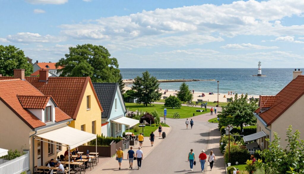 A vibrant view of the distinct neighborhoods of Krynica Morska, illustrating the charm of its seaside locale. In the foreground, a picturesque street lined with quaint houses in pastel colors, featuring small cafés and shops, with people casually exploring the area, dressed in modest casual clothing. The middle ground showcases lush green parks and bicycle paths, leading towards the beach where families are enjoying the sun and good weather. In the background, the serene Baltic Sea sparkles under bright blue skies with scattered fluffy clouds, while a nearby lighthouse stands tall. The scene captures a warm, inviting atmosphere, emphasizing a peaceful summer day. Soft, natural lighting enhances the vivid colors, evoking a sense of relaxation and community spirit in this charming coastal town.