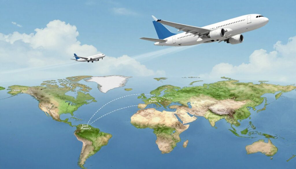 A visually engaging illustration depicting the factors influencing flight duration. Foreground features a detailed world map highlighting Brazil with São Paulo and Rio de Janeiro marked. Middle ground includes illustrations of airplane routes connecting major cities globally, depicted as dotted lines. In the background, a clear sky with scattered clouds and an airplane soaring in a dynamic angle, emphasizing the travel aspect. Soft, natural lighting creates a professional yet inviting atmosphere. The mood is informative and exploratory, with a color palette of blues and greens to evoke a sense of adventure. The overall composition should be harmonious and educational, emphasizing the complexity of travel logistics without any text or overlays.