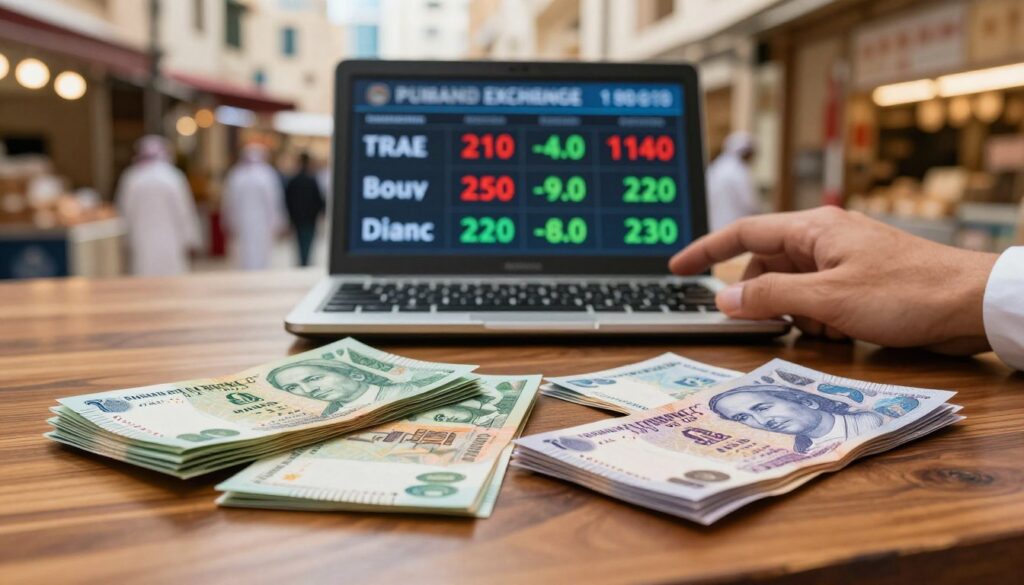 A visually engaging representation of currency exchange rates featuring the UAE Dirham to Polish Zloty. In the foreground, an elegant, polished wooden table holds stacks of vibrant, multi-colored currency notes, prominently displaying the Dirham and Zloty side by side. The middle layer shows a digital screen or calculator displaying fluctuating currency rates, with a hand poised over it, emphasizing awareness of the exchange. In the background, a blurred image of a bustling Dubai marketplace captures the atmosphere of international commerce. Soft, natural lighting illuminates the scene, creating a warm and inviting ambiance, while a slight vignette effect draws attention to the currency itself, enhancing its importance as the focal point of the image. A visually engaging representation of currency exchange rates featuring the UAE Dirham to Polish Zloty. In the foreground, an elegant, polished wooden table holds stacks of vibrant, multi-colored currency notes, prominently displaying the Dirham and Zloty side by side. The middle layer shows a digital screen or calculator displaying fluctuating currency rates, with a hand poised over it, emphasizing awareness of the exchange. In the background, a blurred image of a bustling Dubai marketplace captures the atmosphere of international commerce. Soft, natural lighting illuminates the scene, creating a warm and inviting ambiance, while a slight vignette effect draws attention to the currency itself, enhancing its importance as the focal point of the image.