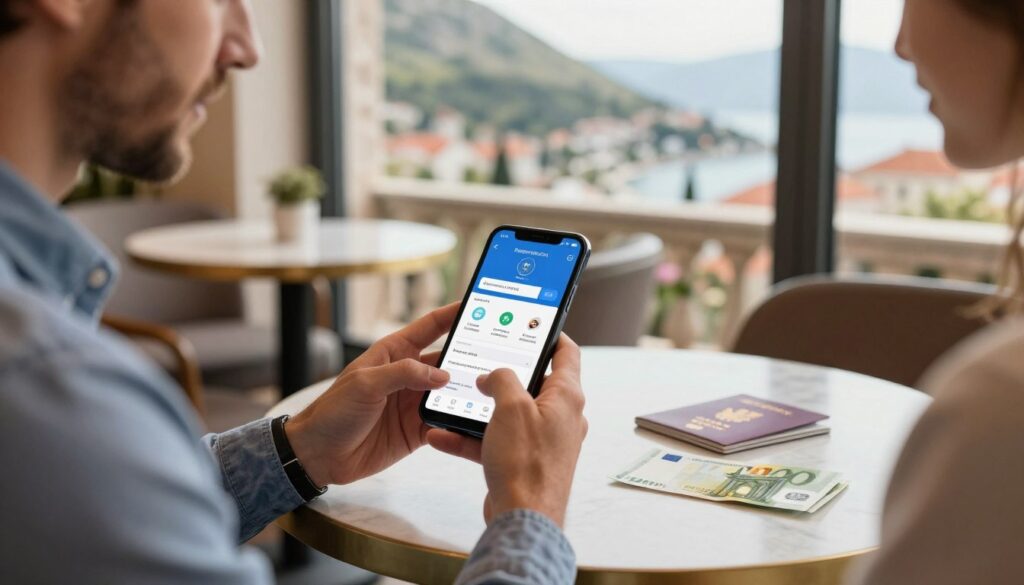 A visually engaging scene capturing the essence of payment security during travel. In the foreground, a well-dressed traveler is seen analyzing a smartphone displaying various payment apps, with a look of concentration. The middle ground features a stylish cafe table adorned with a passport, a credit card, and some cash in euros, symbolizing different payment options. In the background, a softly blurred view of a picturesque Montenegrin landscape with hills and historic architecture, enhancing the travel aspect. Warm, natural lighting filters through a nearby window, creating a welcoming and safe atmosphere. The composition should convey a sense of trust and professionalism, emphasizing the importance of secure transactions while traveling.