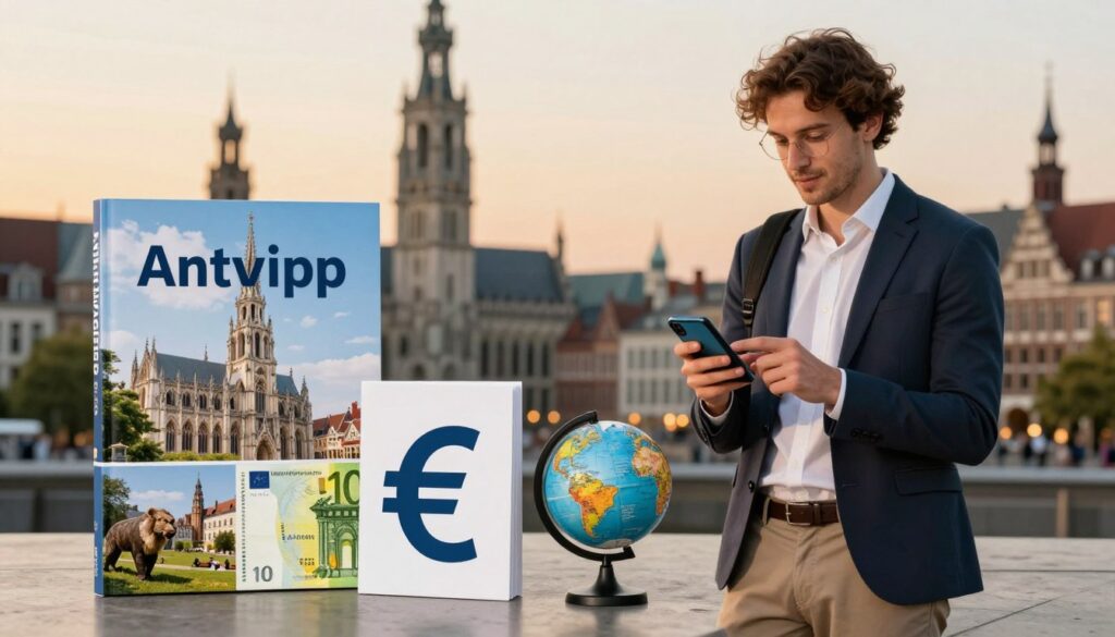 A visually informative representation of essential travel information about Antwerp, Belgium. In the foreground, a neatly arranged travel guidebook with vibrant images of landmarks like the Cathedral of Our Lady and the Antwerp Zoo. Beside it, a local currency exchange symbol, showcasing the Euro, and a small globe highlighting Belgium. In the middle ground, a stylish traveler dressed in professional business attire stands with a smartphone displaying a translation app, interacting comfortably. The background features a softly blurred image of Antwerp's skyline, showcasing its unique architecture under a warm, inviting sunset. The overall atmosphere conveys a sense of preparedness and excitement for the journey, creating a balance between professionalism and travel enthusiasm. Soft, ambient lighting enhances the mood, focusing attention on the travel essentials.