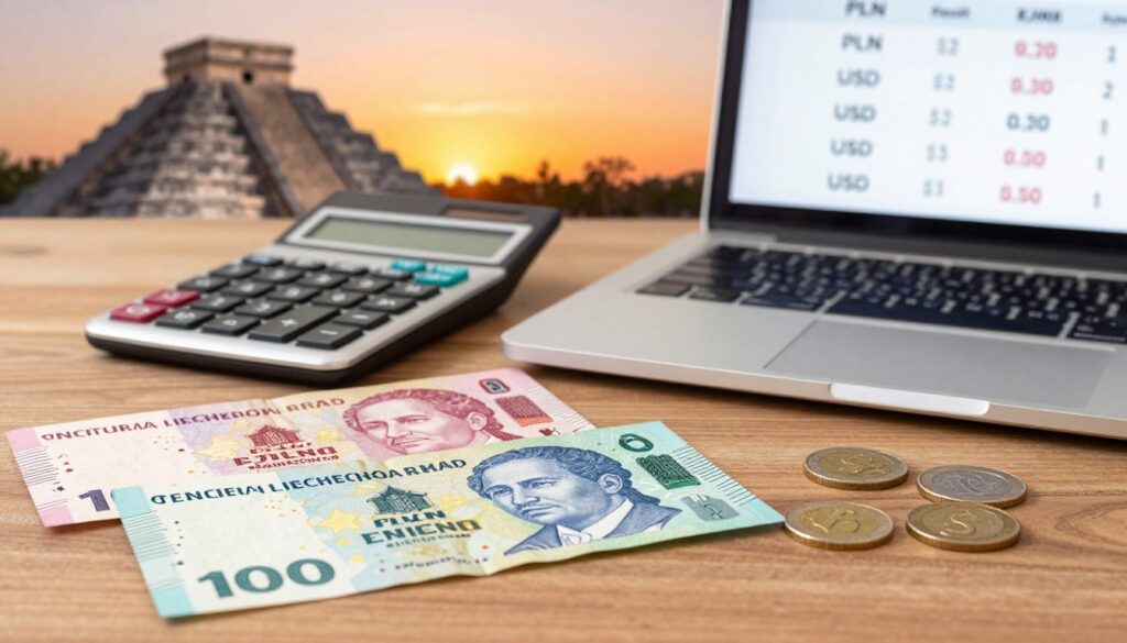 A visually striking composition showcasing Mexican pesos in various currency forms, including physical bills and coins. In the foreground, a stack of vibrant MXN bills with intricate designs, alongside a few coins bearing the peso symbol. In the middle ground, an elegant calculator and a laptop screen displaying exchange rates against PLN, USD, and EUR, set on a wooden table. The background features a subtle representation of Mexican landmarks, such as the Aztec pyramid and a sunset gradient sky, giving a warm, inviting atmosphere. Soft, natural lighting highlights the textures of the currency and the calculator, creating a professional and informative mood. The image captures the essence of checking exchange rates, with no people present.