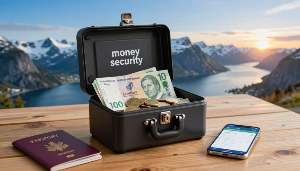 A visually striking scene illustrating "money security" during travel in Norway. In the foreground, a secure lockbox filled with Norwegian kroner bills and coins, prominently displayed on a wooden table, surrounded by a passport and a smartphone showing a banking app. The middle ground features a serene Norwegian landscape with fjords and snow-capped mountains under a clear blue sky, symbolizing safety and stability. In the background, a softly glowing sunset casts warm light over the scene, creating a sense of calm and trust. The overall mood is one of reassurance and tranquility, highlighting the importance of financial security while traveling. The composition is shot from a slight overhead angle, emphasizing the lockbox and the picturesque landscape.
