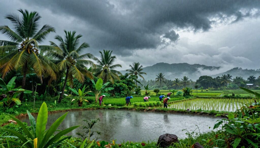 A vivid depiction of the monsoon climate in a lush Asian landscape, featuring dense, vibrant greenery and dramatic skies filled with dark, swirling rain clouds. In the foreground, raindrops gently fall onto a tranquil pond surrounded by tropical plants, while a nearby rice paddy reflects the stormy sky above. The middle ground showcases farmers in modest, traditional clothing tending to their crops under the shade of palm trees, indicating the importance of rain for agriculture. In the background, a distant mountain range is partially obscured by mist and rain, suggesting the powerful, transformative nature of the monsoon season. The overall atmosphere is rich and dynamic, evoking both the beauty and intensity of the rainy season, illuminated by soft, diffused light filtering through the clouds.